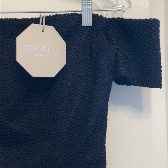 GRACE MMXIII OFF SHOULDER BLACK CROCET MIN DRESS - Picture 2 of 5